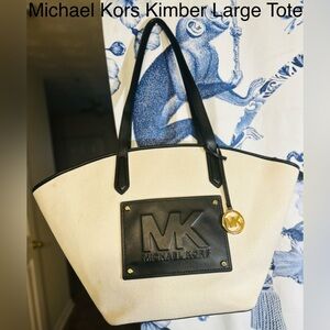 Michael Kors Kimber Large Cream and Black Leather & Canvas Tote